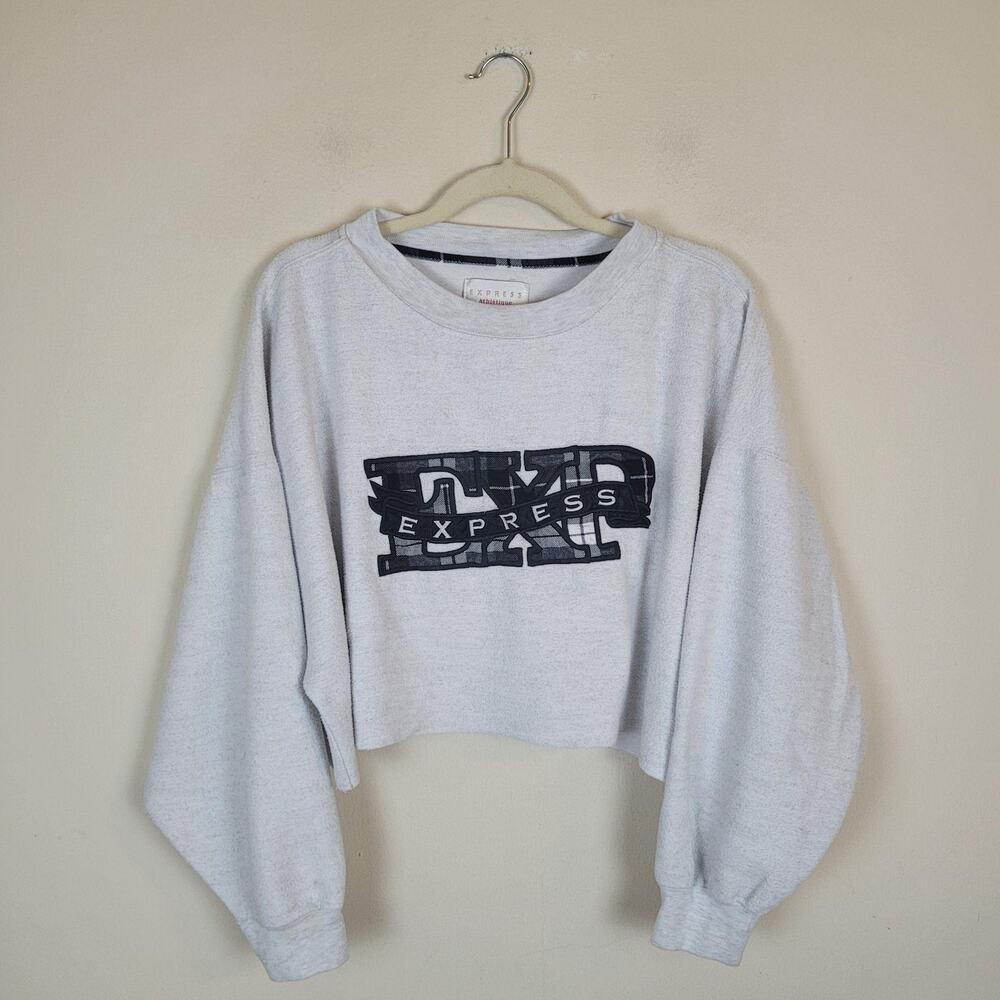 Vintage Express Athletique Sweatshirt Large Gray Pullover Cropped Logo 90s Boxy